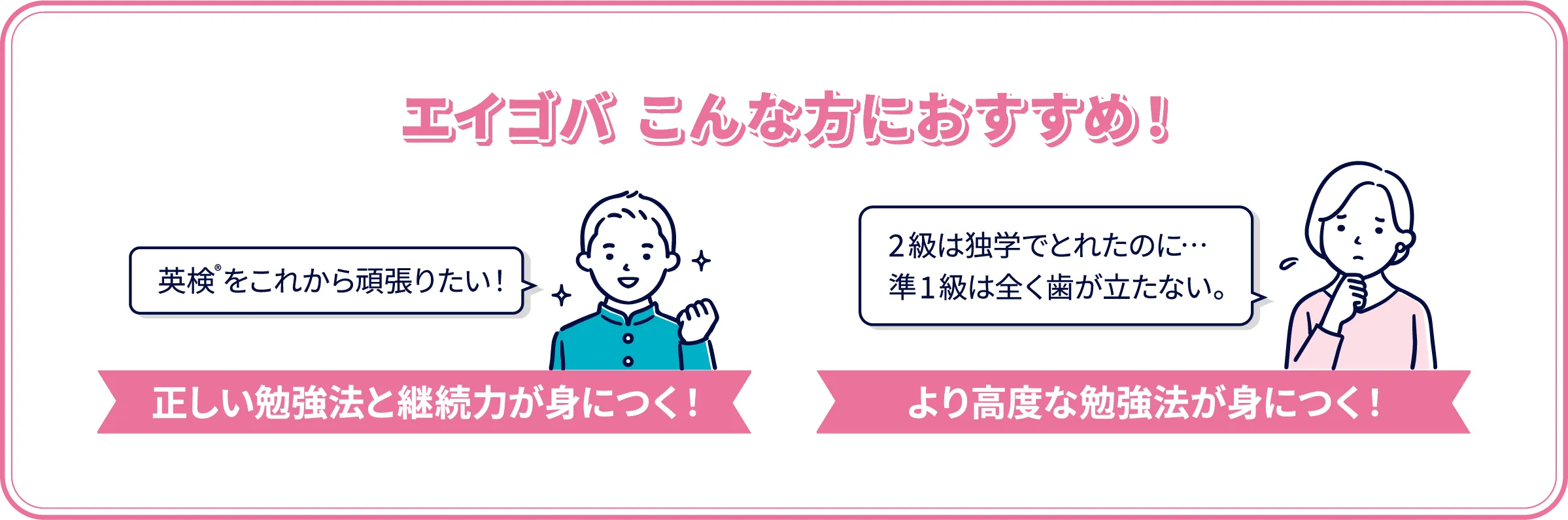 エイゴバ こんな方におすすめ！ 正しい勉強法と継続力が身につく！ より高度な勉強法が身につく！